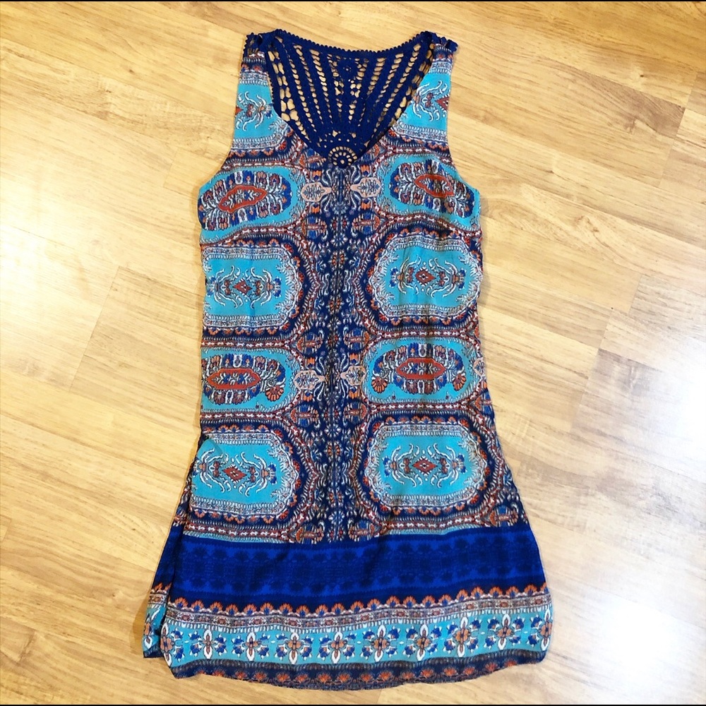 LUXOLOGY Dress Navy/Aqua/Orange Print-Small